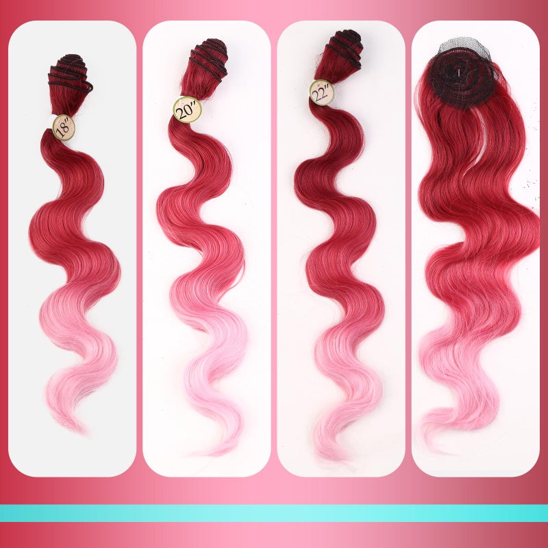 HANNE Pink Ombre Bundles Ombre Pink Body Wave Hair Extensions 18"20"22" with Closure 3 Bundles with Lace Closure Synthetic Hair bundle for Women - Image 3